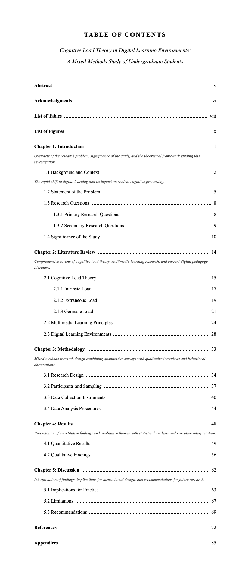 Academic Thesis Table Of Contents With Content